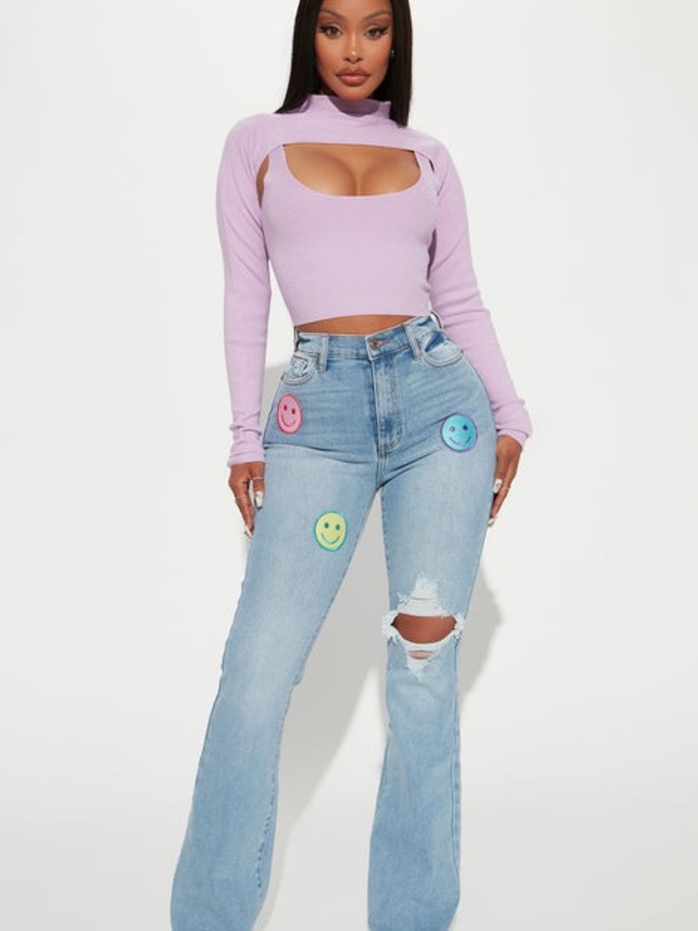 Fashion Nova Light Blue Flare Jeans with Multicolor Smiley Patches